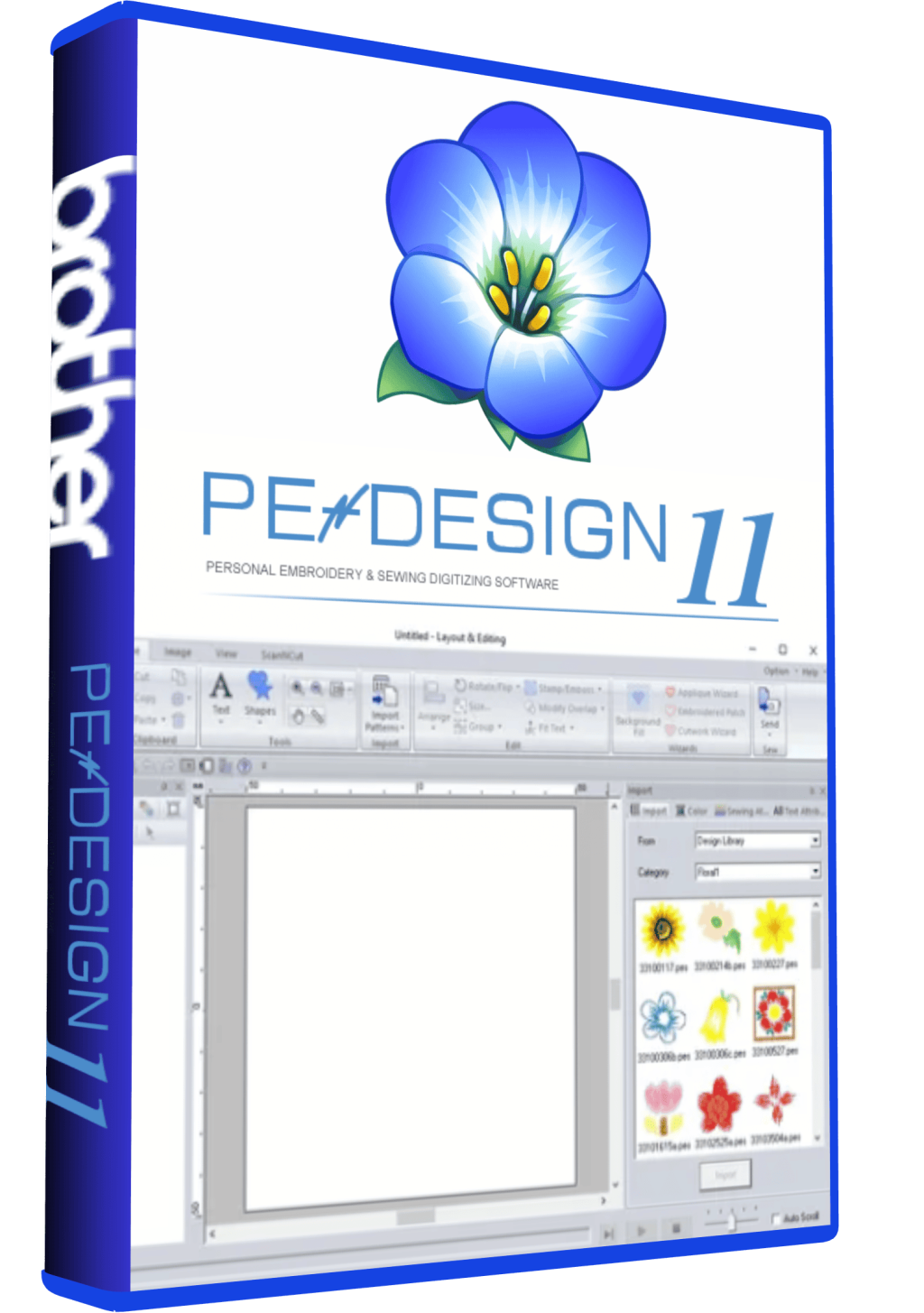 PE-Design 11.40 embroidery software box and interface screenshot