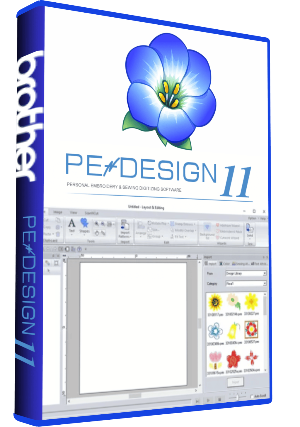 PE-Design 11.40 embroidery software box and interface screenshot