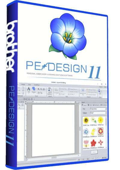 PE-Design 11.40 embroidery software box and interface screenshot