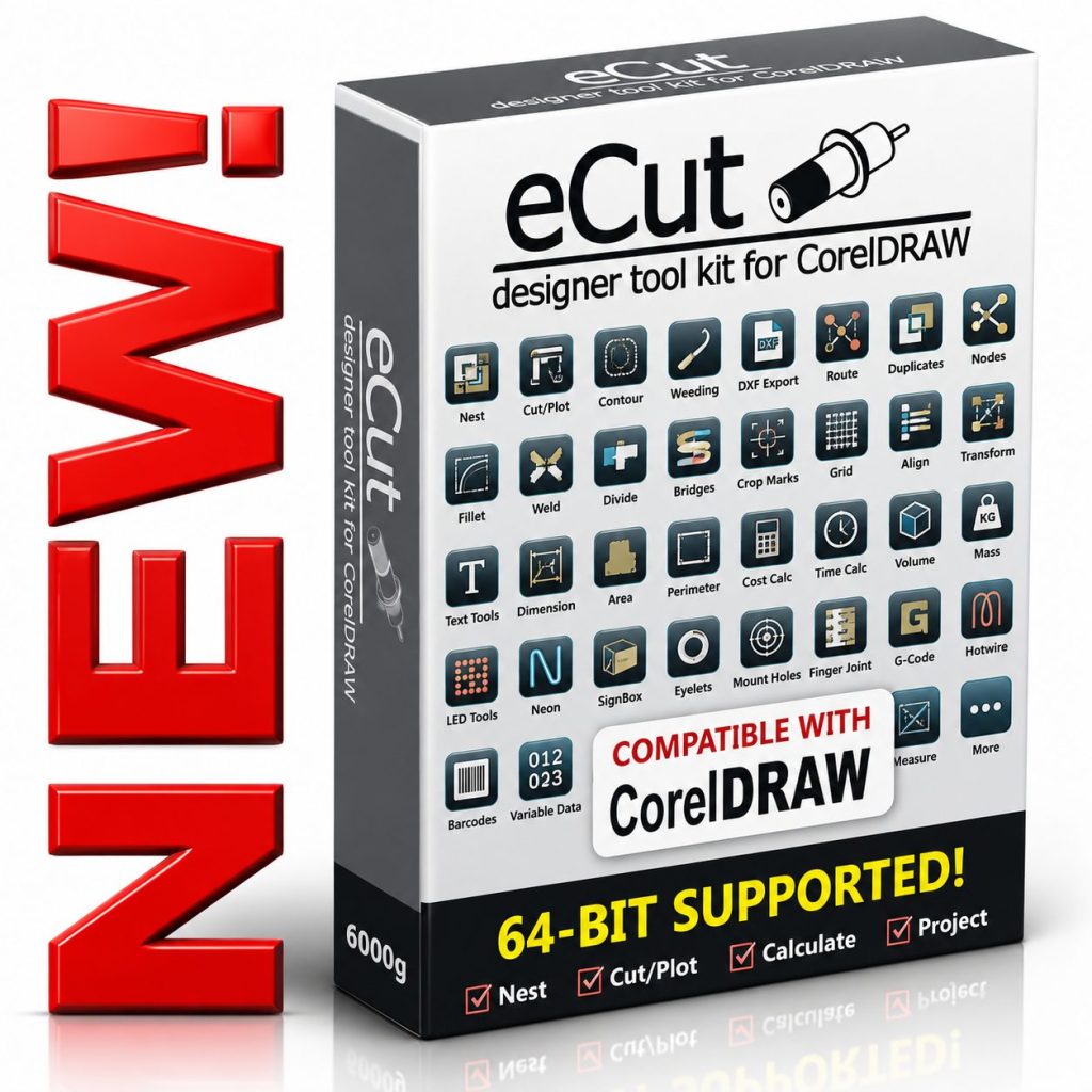 eCut for CorelDRAW 2026 eCut 7 CorelDRAW Plugin CorelDRAW CNC Plugin CorelDRAW Vinyl Cutting Plugin CorelDRAW Laser Cutting Plugin eCut Nesting Software eCut DXF Export eCut Contour Cutting CNC Production Plugin Sign Making CorelDRAW Plugin
